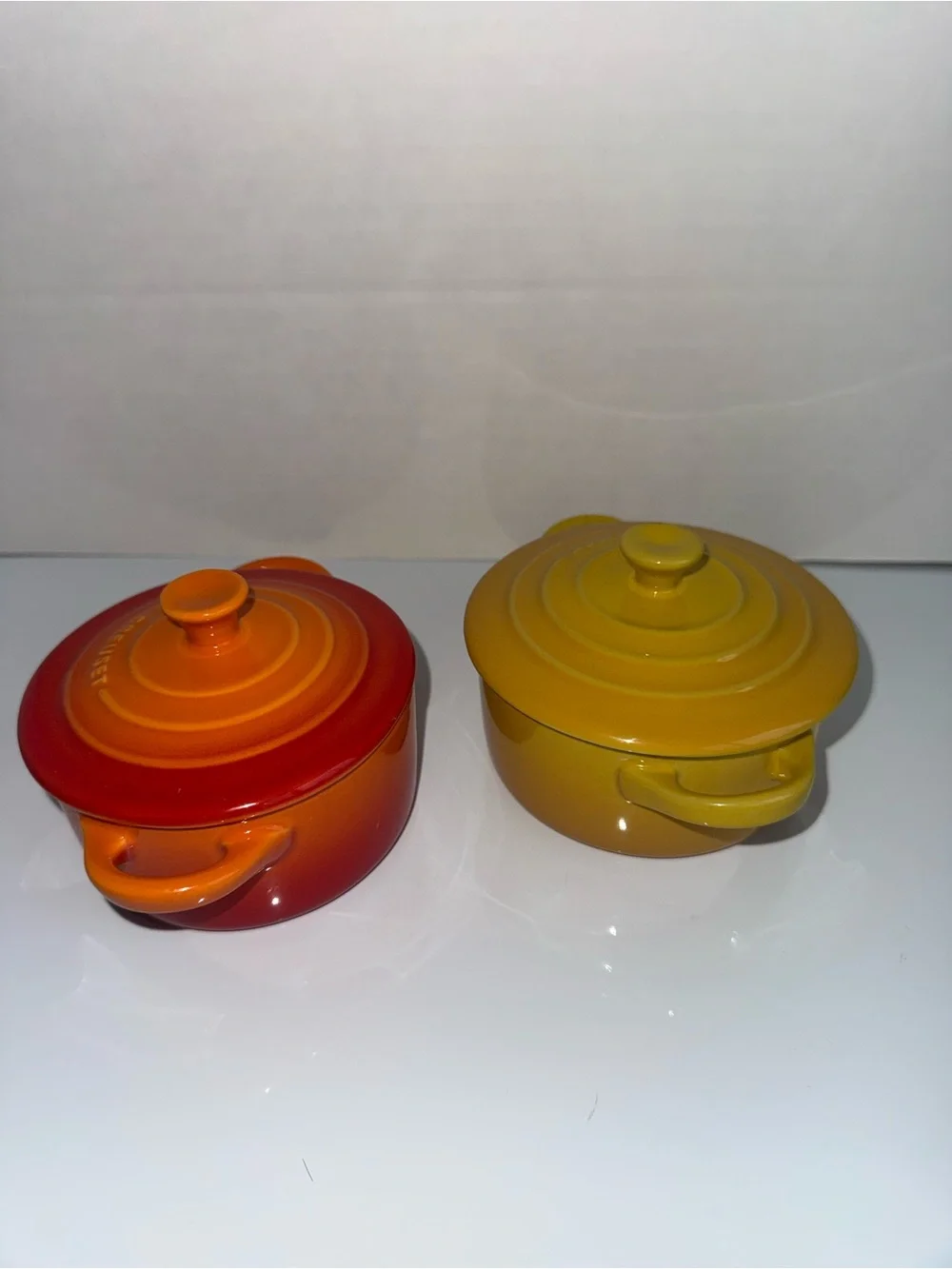 NWOT LE CREUSET Mini Cocotte Pair in Yellow and Flame